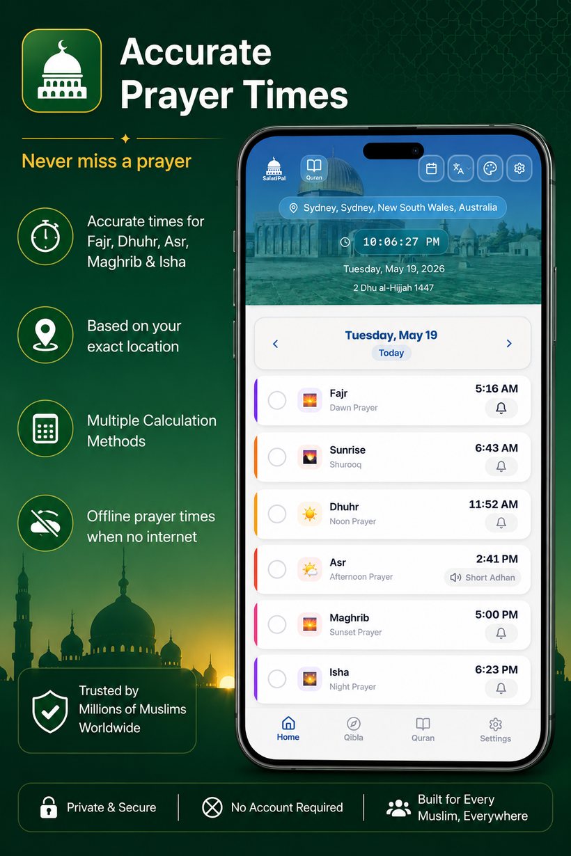 Accurate prayer times screen in SalatiPal