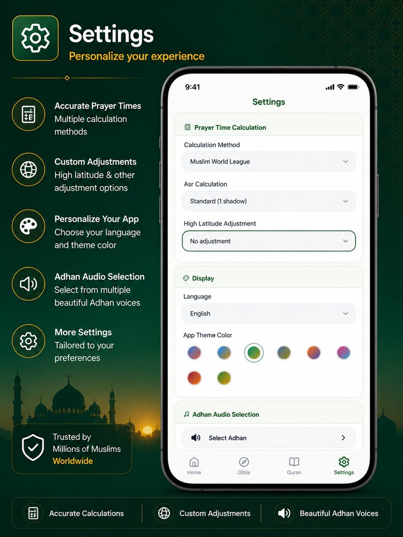 Personalize settings, themes and adhan voices