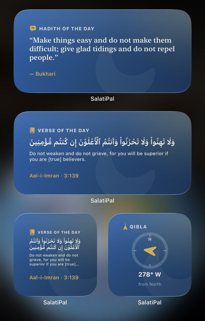 SalatiPal iOS widgets: Hadith of the Day, Verse of the Day and Qibla direction
