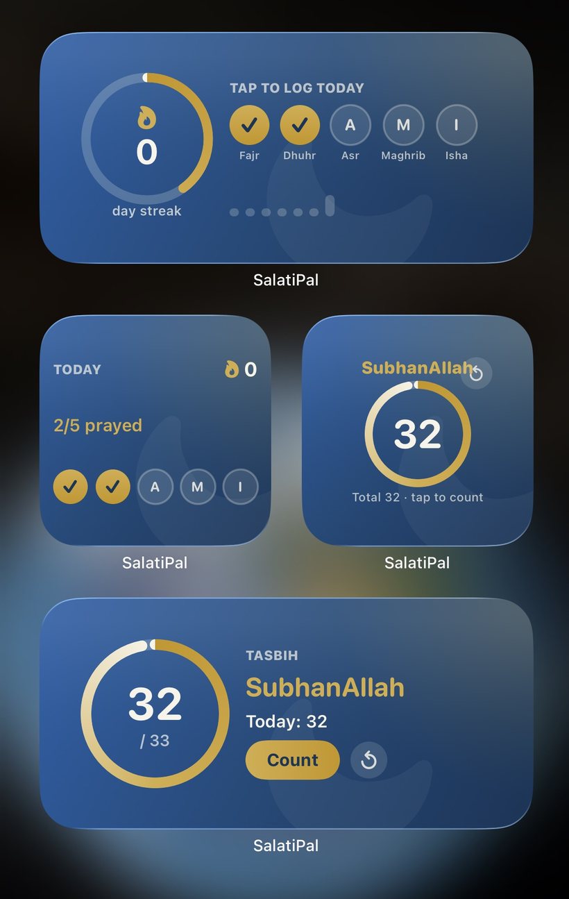 SalatiPal iOS widgets: prayer streak tracker and tasbih (dhikr) counter