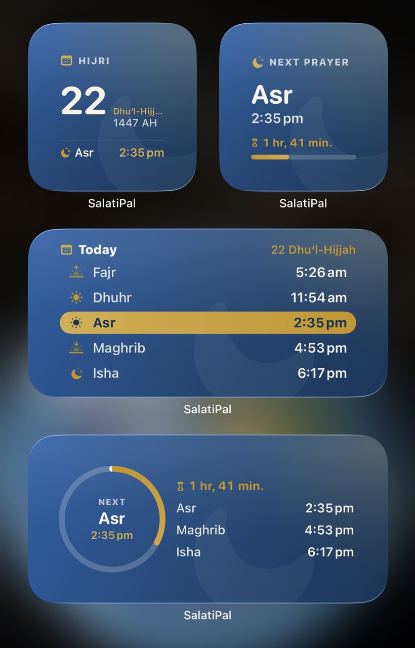 SalatiPal iOS Home Screen widgets: next prayer, Hijri date and today's prayer timetable